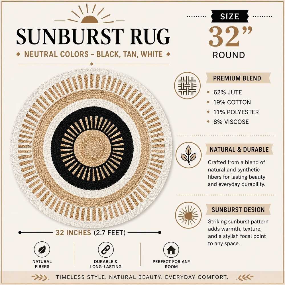 Boho Round Jute Blend Braided Area Rug 35 Inch Sunburst Neutral Cream‎ Black Tan